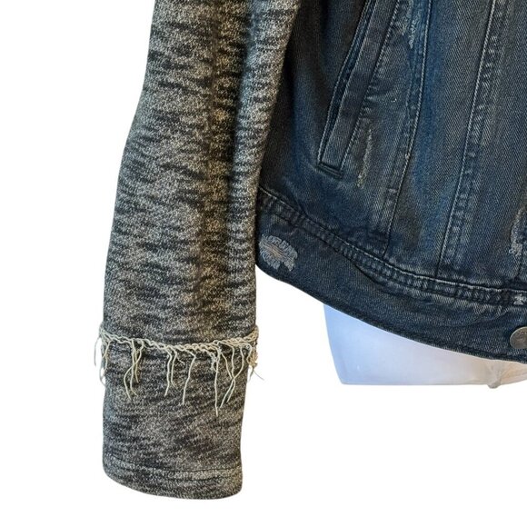 Free People Knit Hooded Denim Jacket Pumice Black Size L Distressed Women’s - Picture 5 of 14